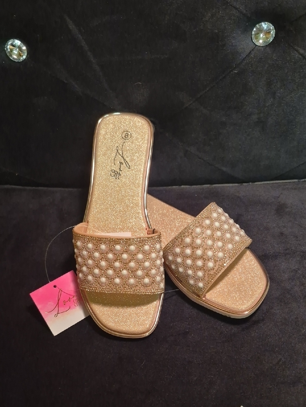 Elegant Pearl-Embellished Gold Slide Sandals - Women